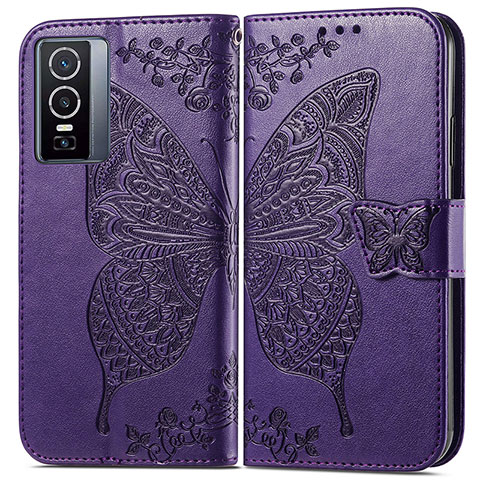 Coque Portefeuille Papillon Livre Cuir Etui Clapet pour Vivo Y76 5G Violet