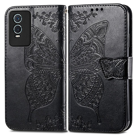 Coque Portefeuille Papillon Livre Cuir Etui Clapet pour Vivo Y76s 5G Noir