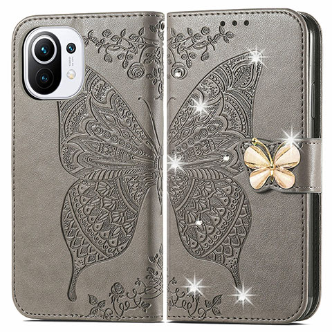 Coque Portefeuille Papillon Livre Cuir Etui Clapet pour Xiaomi Mi 11 Lite 4G Gris