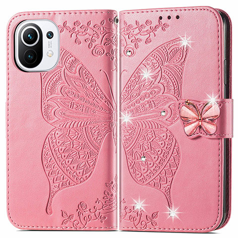 Coque Portefeuille Papillon Livre Cuir Etui Clapet pour Xiaomi Mi 11 Lite 5G NE Rose Rouge