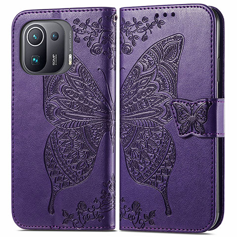 Coque Portefeuille Papillon Livre Cuir Etui Clapet pour Xiaomi Mi 11 Pro 5G Violet