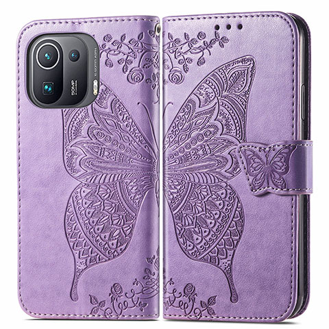 Coque Portefeuille Papillon Livre Cuir Etui Clapet pour Xiaomi Mi 11 Pro 5G Violet Clair