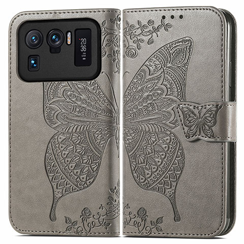 Coque Portefeuille Papillon Livre Cuir Etui Clapet pour Xiaomi Mi 11 Ultra 5G Gris