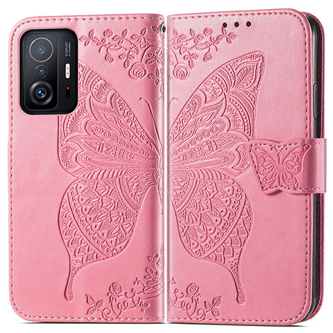 Coque Portefeuille Papillon Livre Cuir Etui Clapet pour Xiaomi Mi 11T 5G Rose Rouge