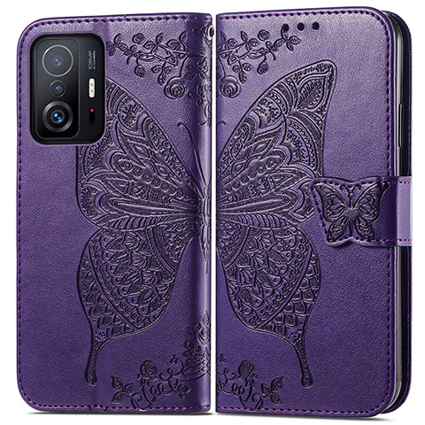 Coque Portefeuille Papillon Livre Cuir Etui Clapet pour Xiaomi Mi 11T 5G Violet