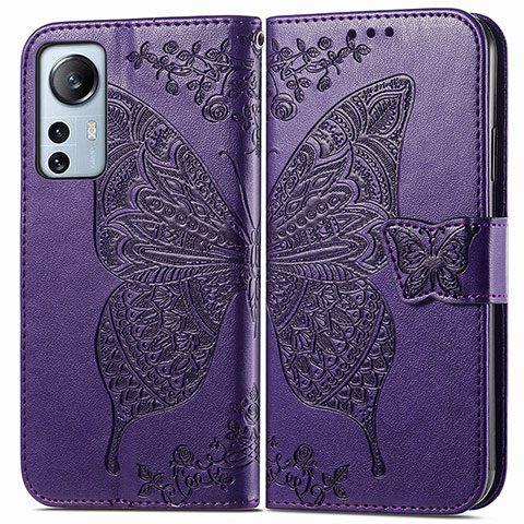 Coque Portefeuille Papillon Livre Cuir Etui Clapet pour Xiaomi Mi 12 5G Violet