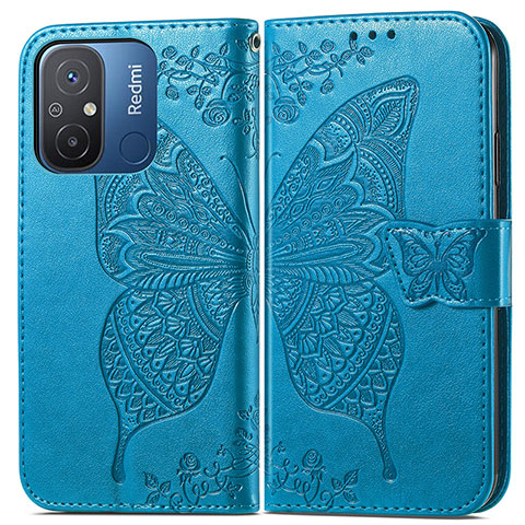 Coque Portefeuille Papillon Livre Cuir Etui Clapet pour Xiaomi Poco C55 Bleu
