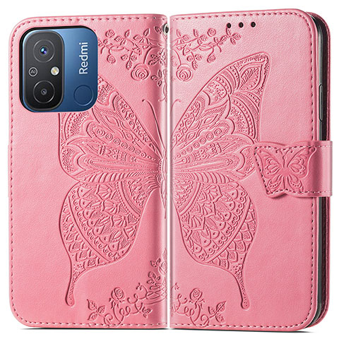 Coque Portefeuille Papillon Livre Cuir Etui Clapet pour Xiaomi Poco C55 Rose Rouge