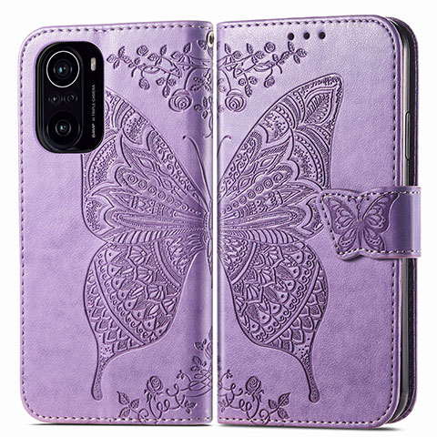 Coque Portefeuille Papillon Livre Cuir Etui Clapet pour Xiaomi Poco F3 5G Violet Clair