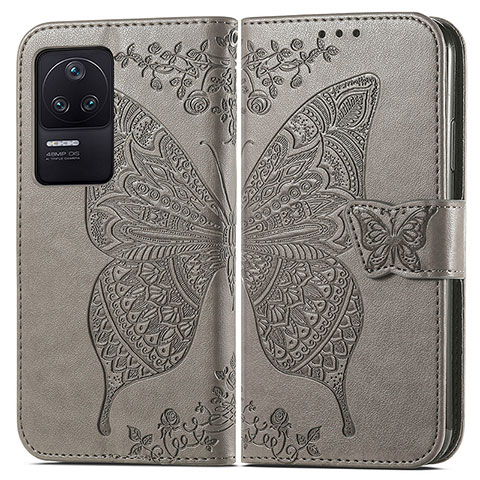 Coque Portefeuille Papillon Livre Cuir Etui Clapet pour Xiaomi Poco F4 5G Gris