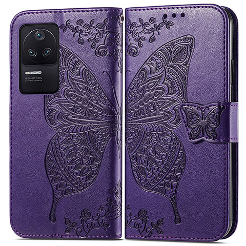 Coque Portefeuille Papillon Livre Cuir Etui Clapet pour Xiaomi Poco F4 5G Violet