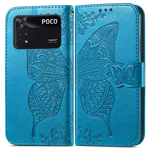 Coque Portefeuille Papillon Livre Cuir Etui Clapet pour Xiaomi Poco M4 Pro 4G Bleu