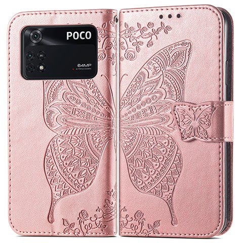 Coque Portefeuille Papillon Livre Cuir Etui Clapet pour Xiaomi Poco M4 Pro 4G Rose