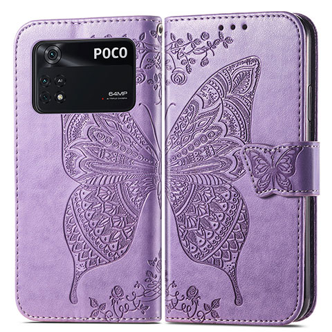 Coque Portefeuille Papillon Livre Cuir Etui Clapet pour Xiaomi Poco M4 Pro 4G Violet Clair