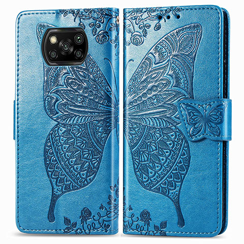 Coque Portefeuille Papillon Livre Cuir Etui Clapet pour Xiaomi Poco X3 NFC Bleu