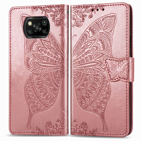 Coque Portefeuille Papillon Livre Cuir Etui Clapet pour Xiaomi Poco X3 NFC Rose