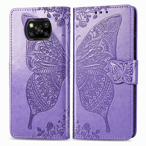 Coque Portefeuille Papillon Livre Cuir Etui Clapet pour Xiaomi Poco X3 NFC Violet Clair