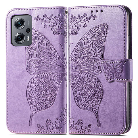 Coque Portefeuille Papillon Livre Cuir Etui Clapet pour Xiaomi Poco X4 GT 5G Violet Clair