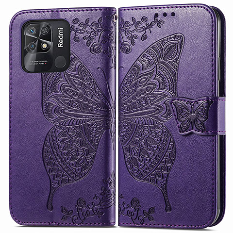 Coque Portefeuille Papillon Livre Cuir Etui Clapet pour Xiaomi Redmi 10 India Violet