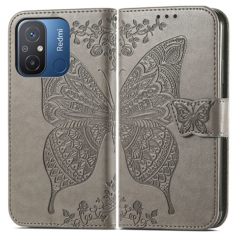 Coque Portefeuille Papillon Livre Cuir Etui Clapet pour Xiaomi Redmi 12C 4G Gris