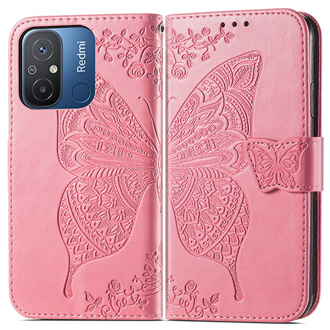 Coque Portefeuille Papillon Livre Cuir Etui Clapet pour Xiaomi Redmi 12C 4G Rose Rouge