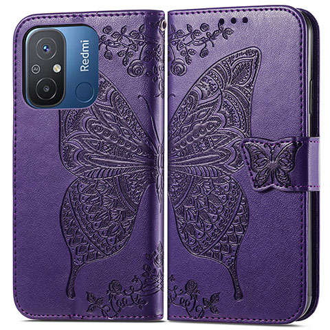 Coque Portefeuille Papillon Livre Cuir Etui Clapet pour Xiaomi Redmi 12C 4G Violet