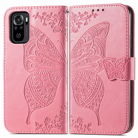 Coque Portefeuille Papillon Livre Cuir Etui Clapet pour Xiaomi Redmi Note 10S 4G Rose Rouge