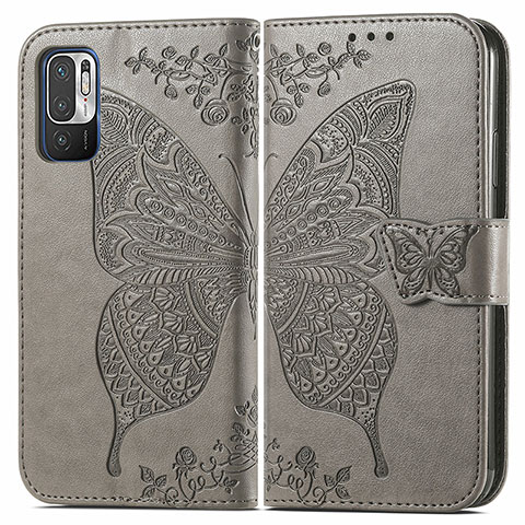 Coque Portefeuille Papillon Livre Cuir Etui Clapet pour Xiaomi Redmi Note 10T 5G Gris