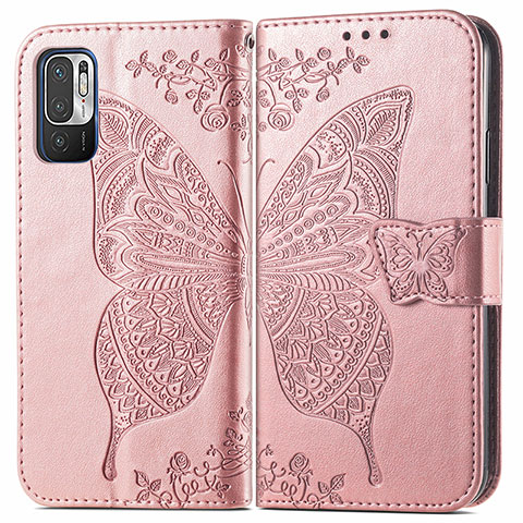 Coque Portefeuille Papillon Livre Cuir Etui Clapet pour Xiaomi Redmi Note 10T 5G Rose