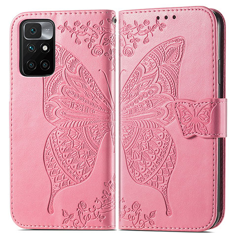 Coque Portefeuille Papillon Livre Cuir Etui Clapet pour Xiaomi Redmi Note 11 4G (2021) Rose Rouge