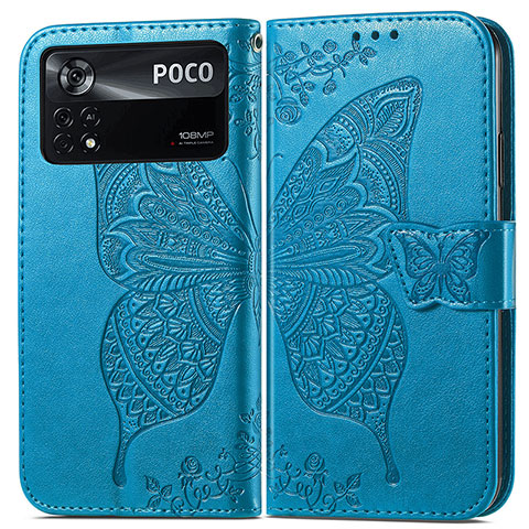 Coque Portefeuille Papillon Livre Cuir Etui Clapet pour Xiaomi Redmi Note 11E Pro 5G Bleu