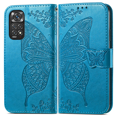 Coque Portefeuille Papillon Livre Cuir Etui Clapet pour Xiaomi Redmi Note 11S 4G Bleu