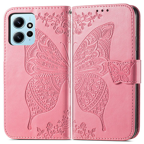 Coque Portefeuille Papillon Livre Cuir Etui Clapet pour Xiaomi Redmi Note 12 4G Rose Rouge