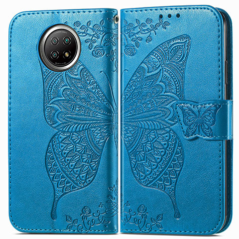 Coque Portefeuille Papillon Livre Cuir Etui Clapet pour Xiaomi Redmi Note 9T 5G Bleu