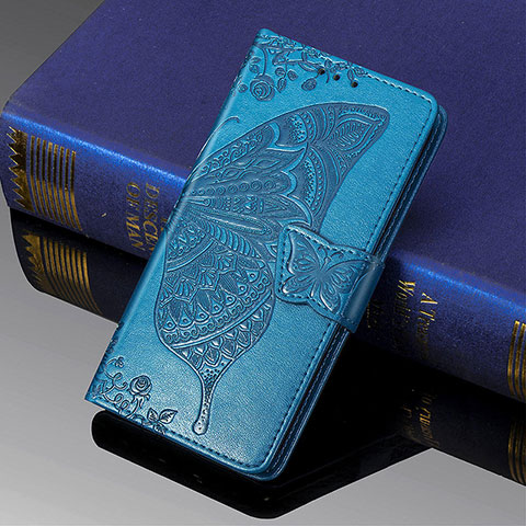 Coque Portefeuille Papillon Livre Cuir Etui Clapet S01D pour Samsung Galaxy S22 Ultra 5G Bleu