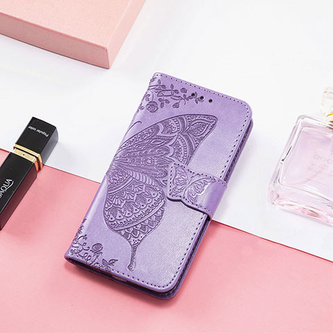 Coque Portefeuille Papillon Livre Cuir Etui Clapet S01D pour Xiaomi Poco C55 Violet Clair