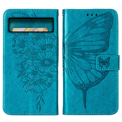 Coque Portefeuille Papillon Livre Cuir Etui Clapet Y01B pour Google Pixel 8 5G Bleu