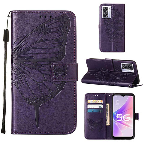 Coque Portefeuille Papillon Livre Cuir Etui Clapet Y01B pour Oppo A57 5G Violet