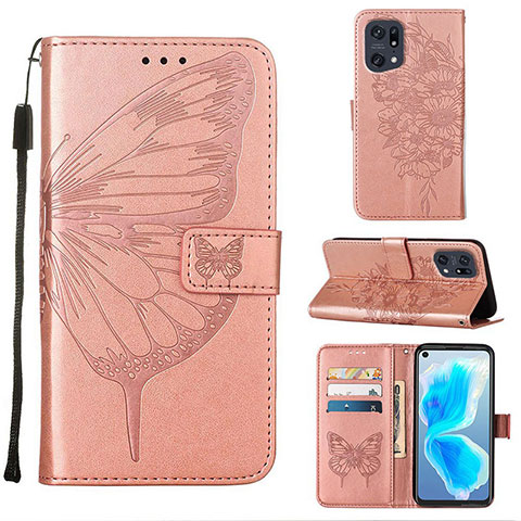 Coque Portefeuille Papillon Livre Cuir Etui Clapet Y01B pour Oppo Find X5 Pro 5G Or Rose