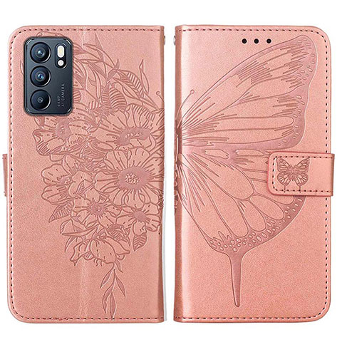 Coque Portefeuille Papillon Livre Cuir Etui Clapet Y01B pour Oppo Reno6 5G Or Rose