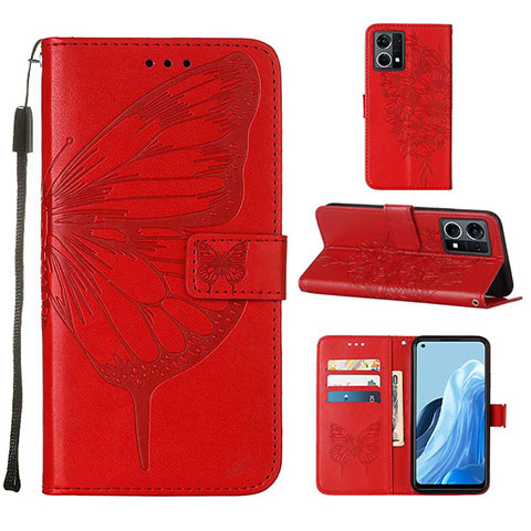 Coque Portefeuille Papillon Livre Cuir Etui Clapet Y01B pour Oppo Reno7 4G Rouge