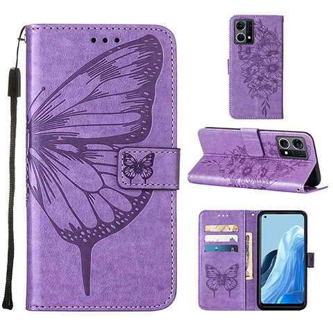 Coque Portefeuille Papillon Livre Cuir Etui Clapet Y01B pour Oppo Reno8 4G Violet Clair