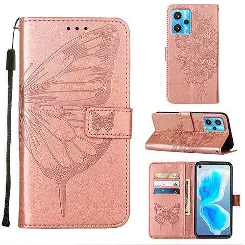 Coque Portefeuille Papillon Livre Cuir Etui Clapet Y01B pour Realme 9 4G Or Rose