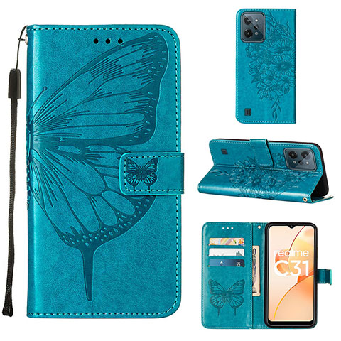 Coque Portefeuille Papillon Livre Cuir Etui Clapet Y01B pour Realme C31 Bleu