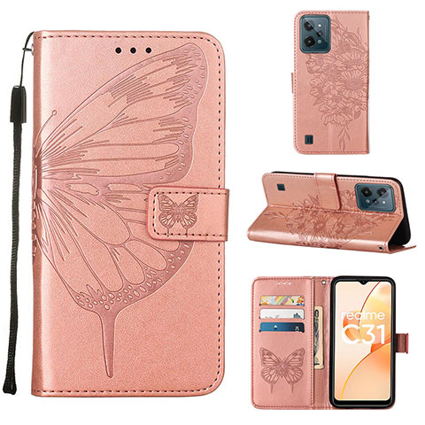 Coque Portefeuille Papillon Livre Cuir Etui Clapet Y01B pour Realme C31 Or Rose