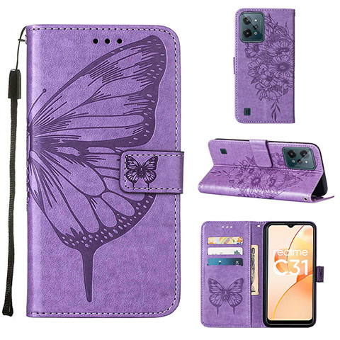 Coque Portefeuille Papillon Livre Cuir Etui Clapet Y01B pour Realme C31 Violet Clair