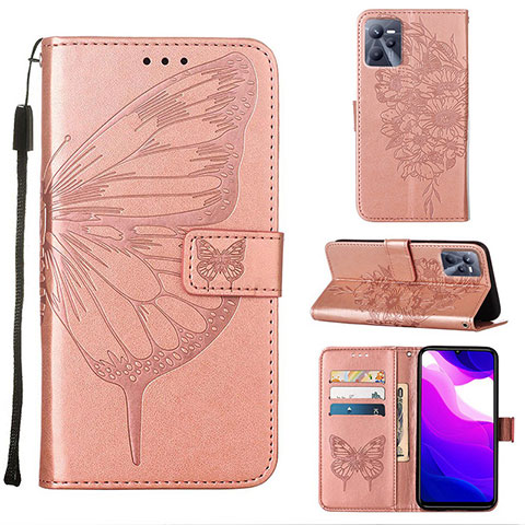 Coque Portefeuille Papillon Livre Cuir Etui Clapet Y01B pour Realme C35 Or Rose