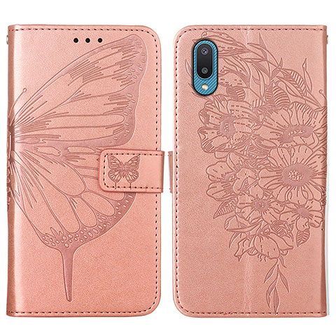Coque Portefeuille Papillon Livre Cuir Etui Clapet Y01B pour Samsung Galaxy A02 Or Rose