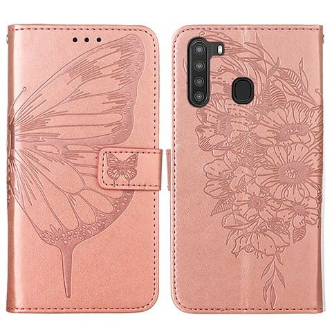 Coque Portefeuille Papillon Livre Cuir Etui Clapet Y01B pour Samsung Galaxy A21 Or Rose