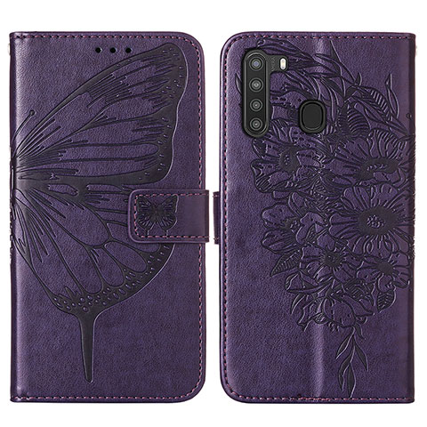 Coque Portefeuille Papillon Livre Cuir Etui Clapet Y01B pour Samsung Galaxy A21 Violet
